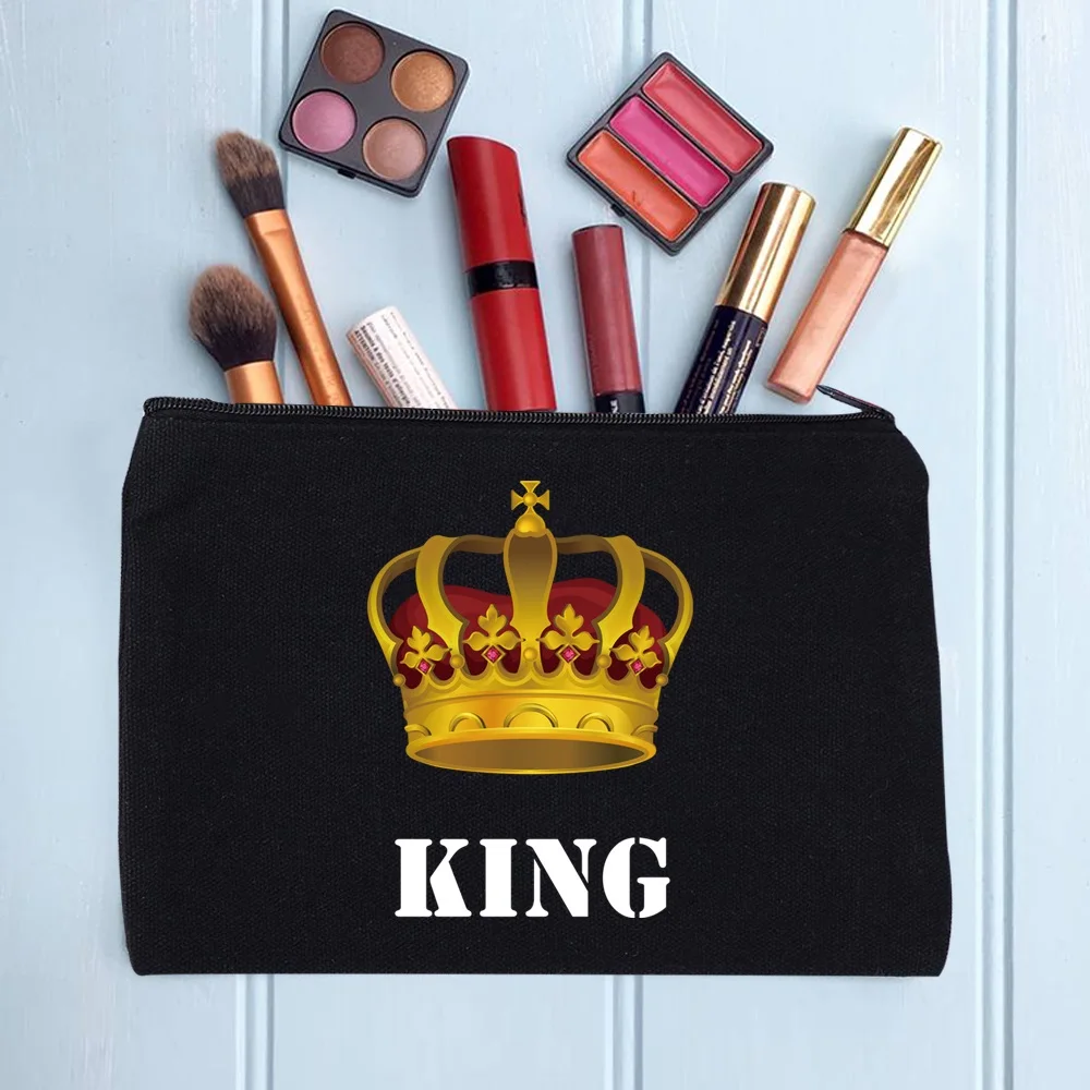 Bolsas de cosméticos informales para mujer, bolsa de viaje con patrón de corona, almacenamiento portátil, de lino negro, Neceser de maquillaje