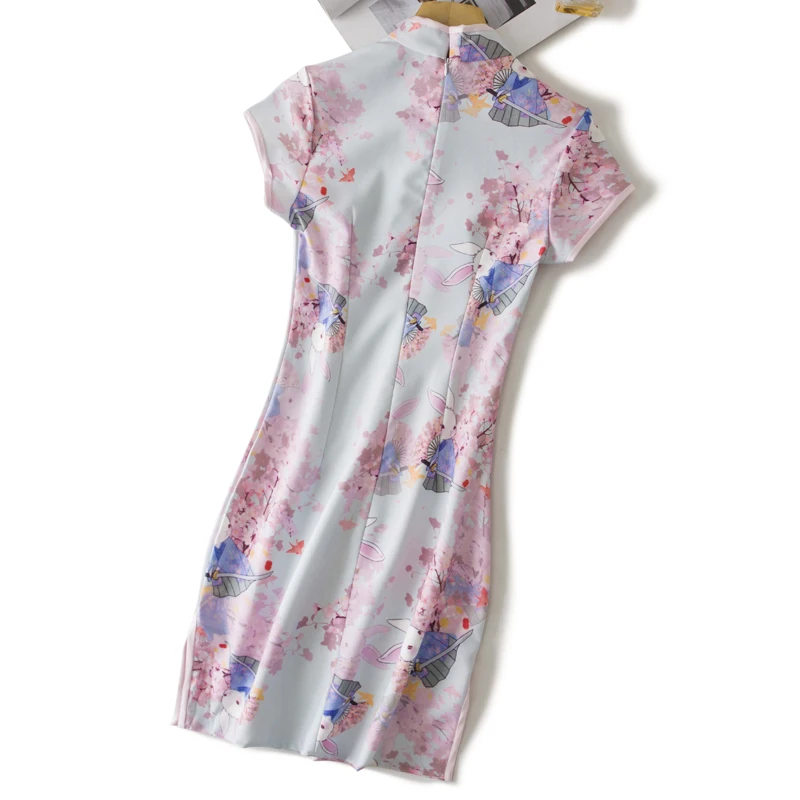 summer cheongsam young girl cute anime rabbit Cherry blossom pink Chinese style dress DA018