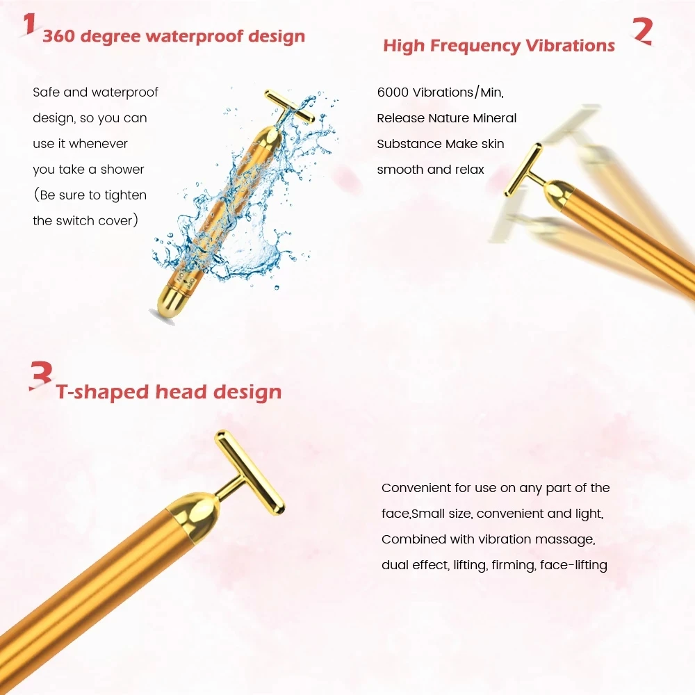 24k Golden Energy Beauty Bar Vibrating Facial Roller Massager T-Shape For Face-lift Skin Tightening Anti-wrinkle Massage Roller