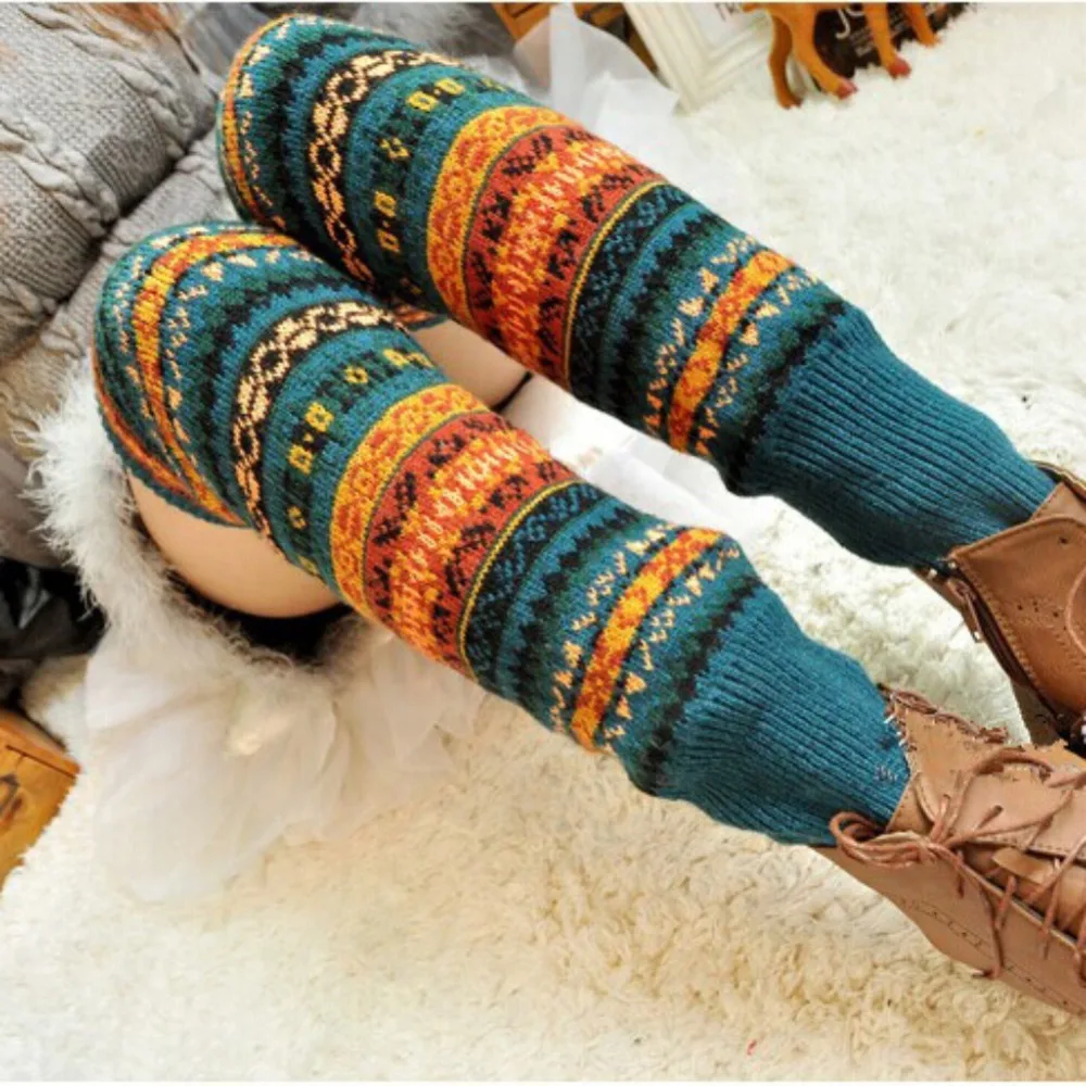 Moonbiffy Women Winter Elegant Over Knee Long Knit cover Patchwork Colorful Ladies Crochet Vintage Leg Warmers Legging Chic