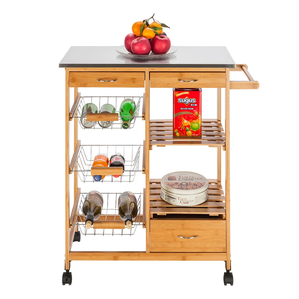 67 x 36 x 83.5cm FCH Movable Kitchen Cart  Dining Cart with Stainless Steel Table Top & Three Drawers & Three Baskets Burlywood