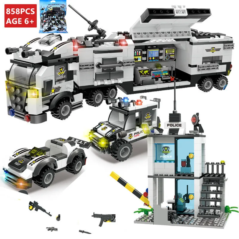 858PCS City SWAT Police Truck Building Blocks Sets Ship Helicopter Vehicle Brinquedos DIY Bricks Educational Toys for Children