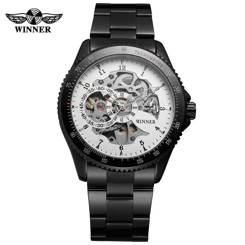 WINNER watch Fashion trend men's and women's white hollow dial black case stainless steel strap automatic mechanical wrist watch