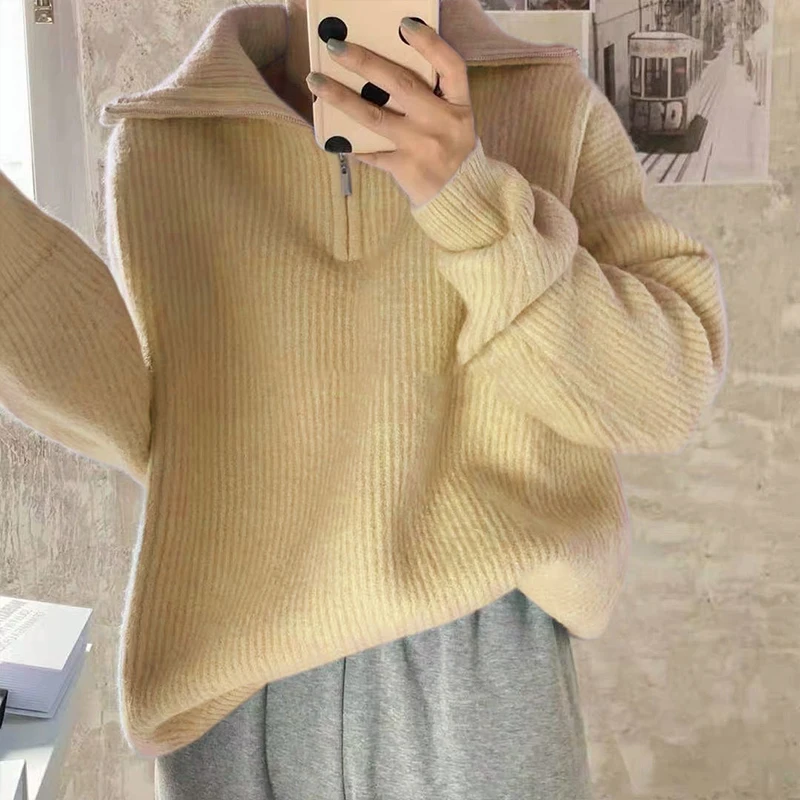 Elegant Zipper Turtleneck Sweater Women Oversized Pullover Casual Cashmere Sweater Autumn Winter Warm Thick Loose Jumpers Top