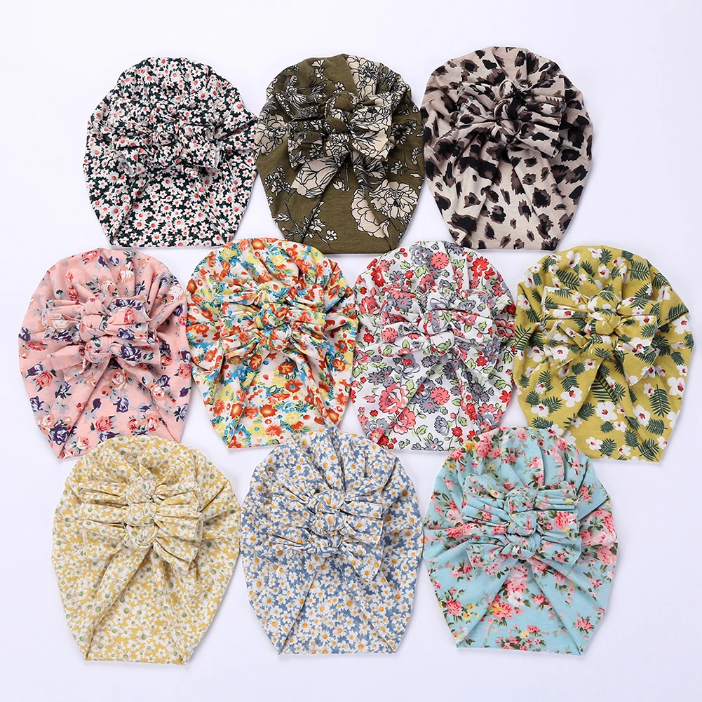 Flower Print Baby Beanies Bohemian Double Layers Folded Knotted Turban Hats Newborn Photography Props Fashion Kids Headwraps