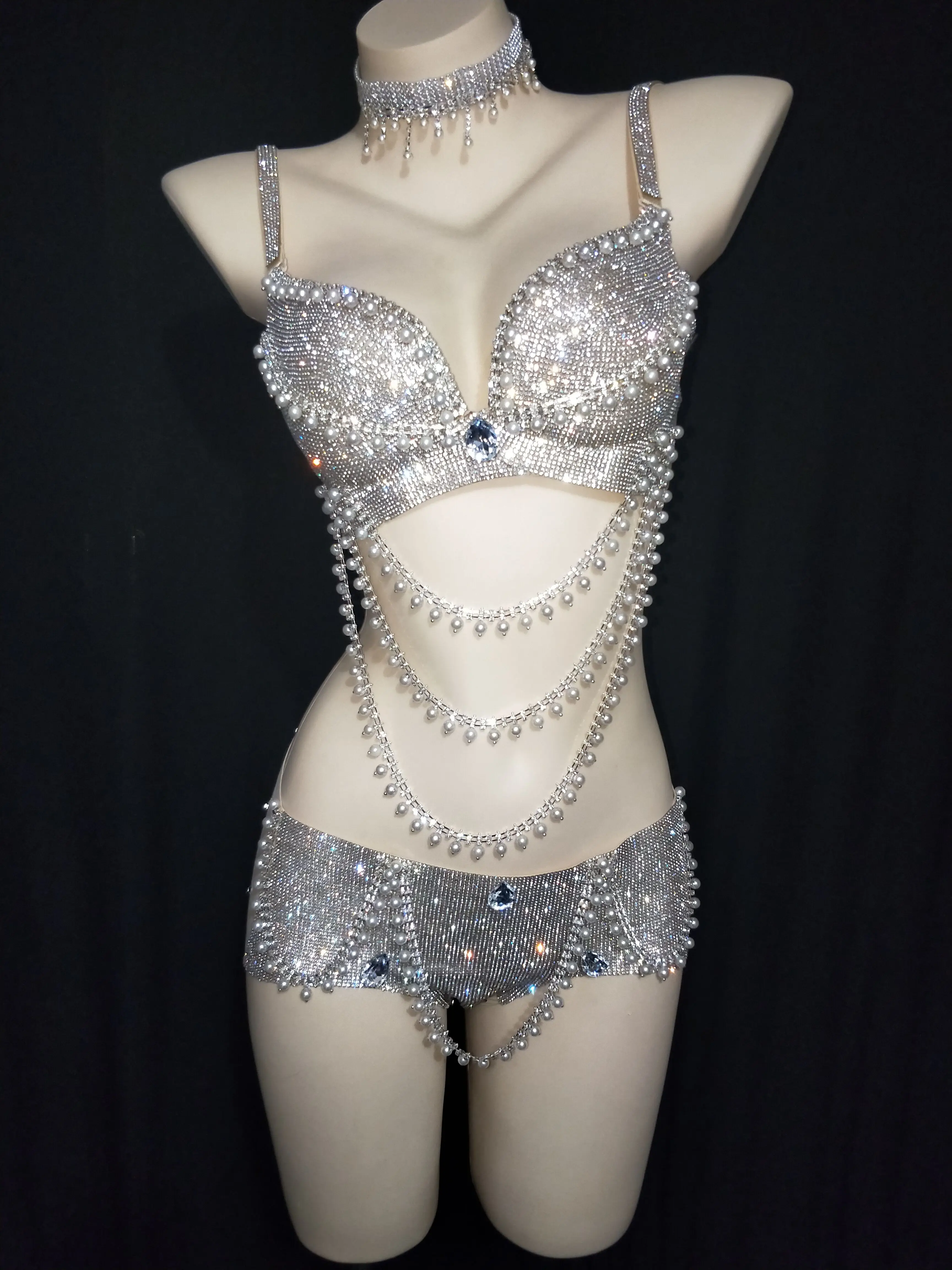 Bright Silver Stones Pearls Chains Bikini Outfit Set Prom Party Bikini Sexy Costume DJ Women Singer Dancer Show Bra Short Set