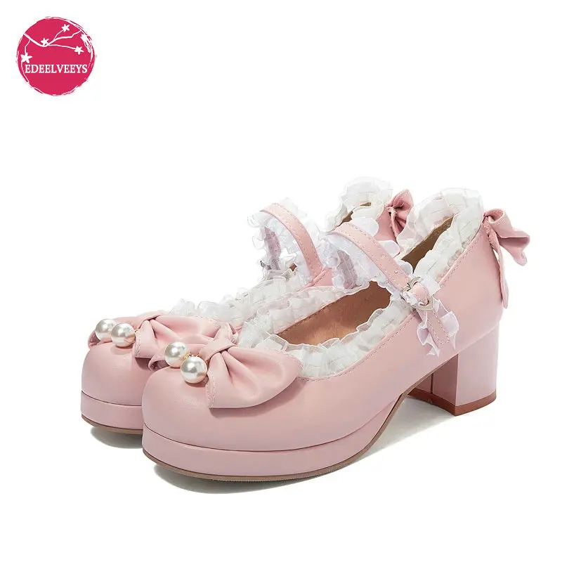 Big Size Lolita Girls Candy Color Comfortable Mary Janes Shoes Bowtie Lace Ruffles Platform High Heel Cosplay Women Pumps Autumn