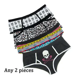 Mierside 2pcs/Lot Skull Pattern/Leopard Printed Mid-Waist Female Brief Cotton Knickers Women Panties Sexy Size Underwear