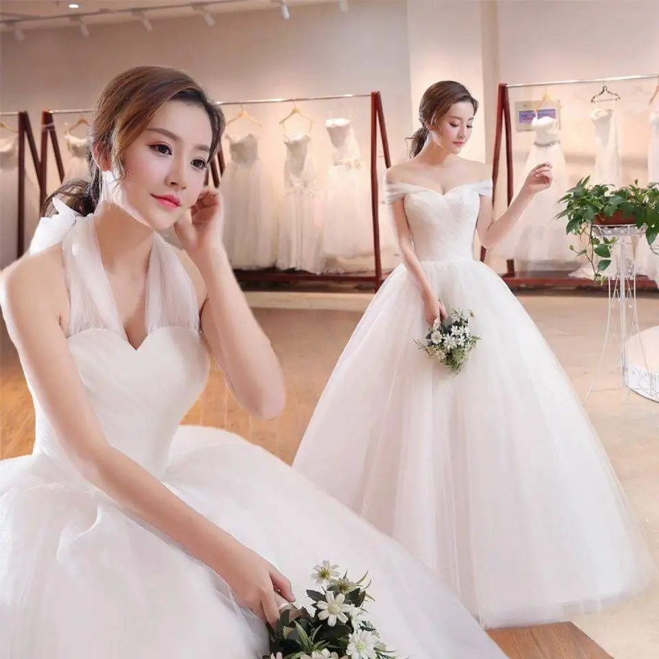 Halter Wedding Dresses White Tulle Boat Neck Wedding Dress Lady Princess Floor Length Ball Vestido Prom Party Gown Long Robes