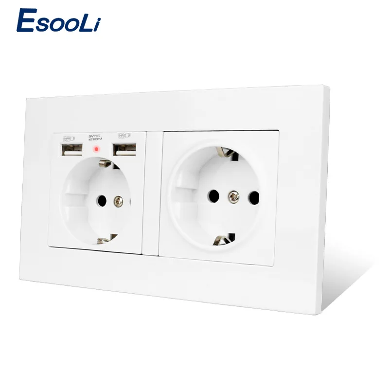 Esooli PC Plastic Panel Wall Socket EU Standard Power Outlet With Dual USB Smart Induction Charge Port For Mobile 5V 2.1A