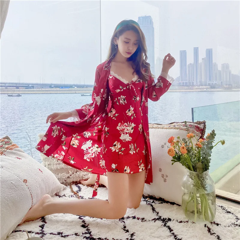 

Woman Summer Sexy Lace Halotard Nightgown Two Piece Korean Floral Dressing Gown Suit Long Sleeve Bathrobe Lounge Negligee