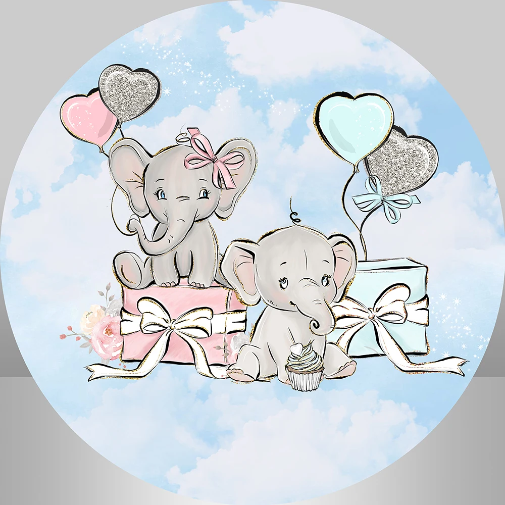 Blue Sky Baby Elephant Circle Background Banner Gender Reveal Party Baby Shower Birthday Party Circle Backdrop Plinth Cover