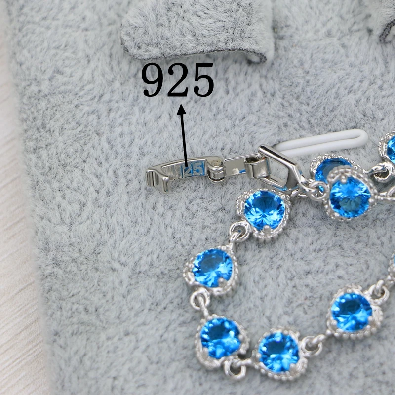 925 Stamp Logo Sterling Silver Bracelet for Women Sky Blue Zircon 17 Cm + 3 Cm Extension 2 Buttons Adjustable Length Bracelet