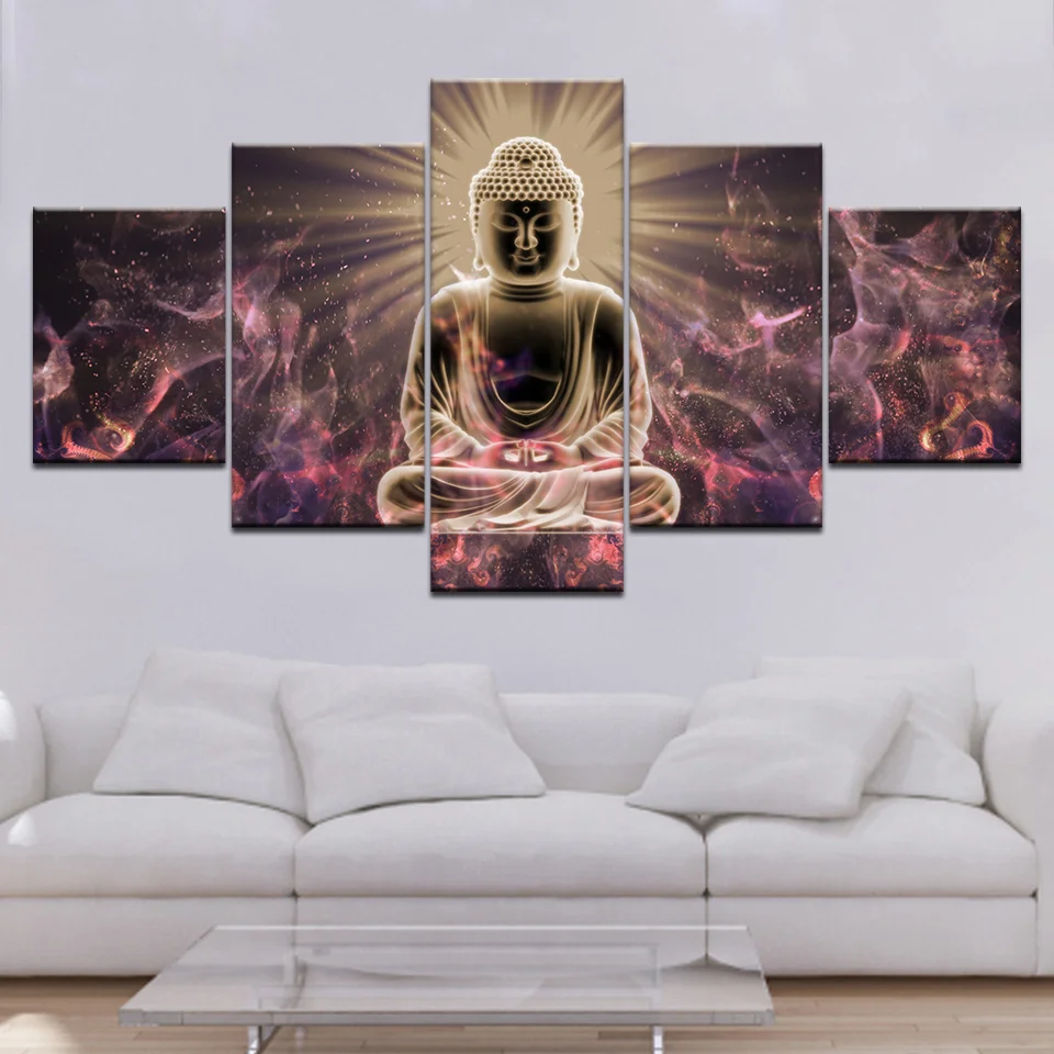 

5 Pieces Buddhism Abstract Pictures Buddha Statue Paintings Printed Poster Wall Art Canvas Frame Living Room Home Decor