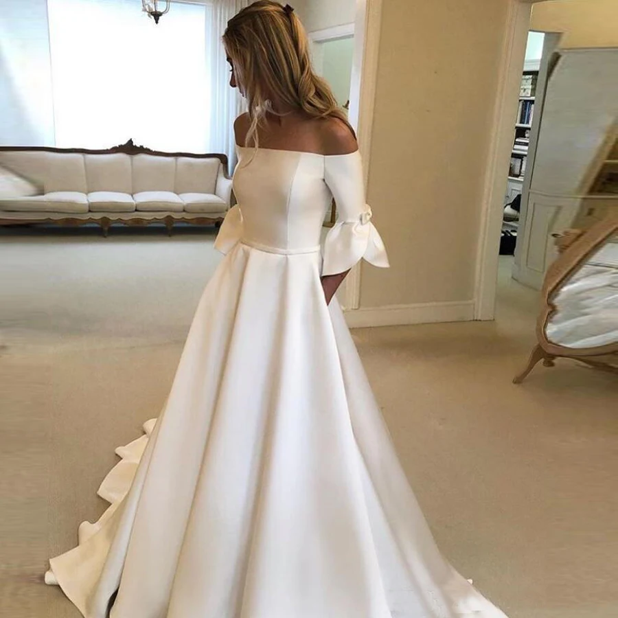 

Boat Neck Simple Wedding Dresses Half Sleeve Satin Bride Dress Train A-line Pleat Bridal Gown vestido novia Cheap