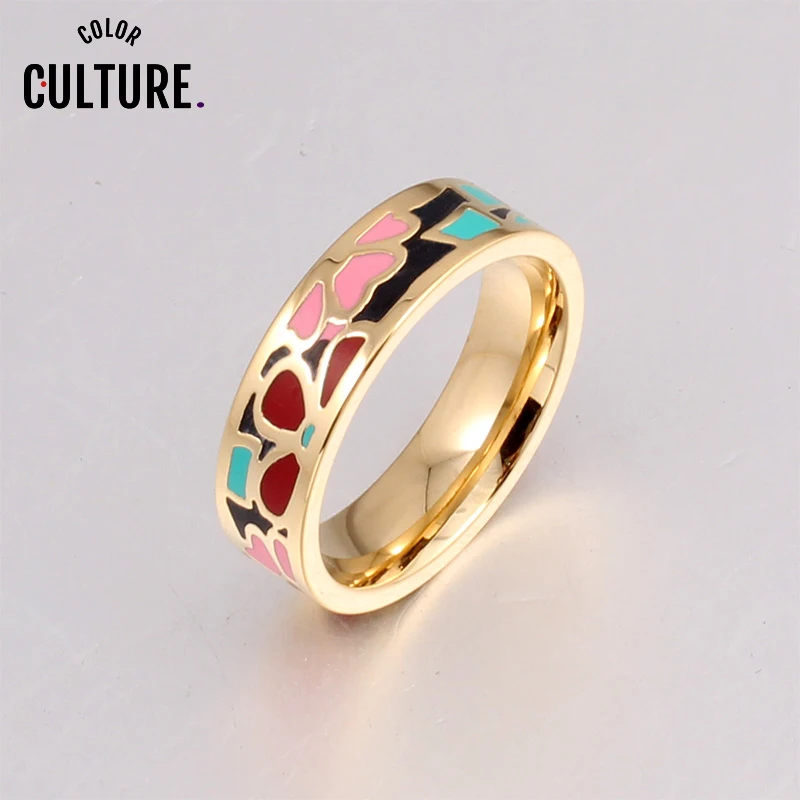 New Gold-color Jewelry Women\'s Gold Rings Filled  Beautiful and Elegant Enamel Ring Flower Ethnic Jewelry