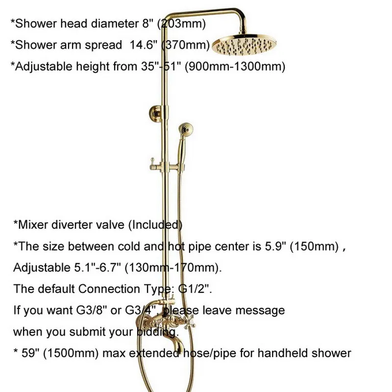 Gold Color Brass Two Cross Handles Wall Mounted Bathroom Rain Shower Head Bath Tub Faucet Set Telephone Shape Hand Spray mgf442