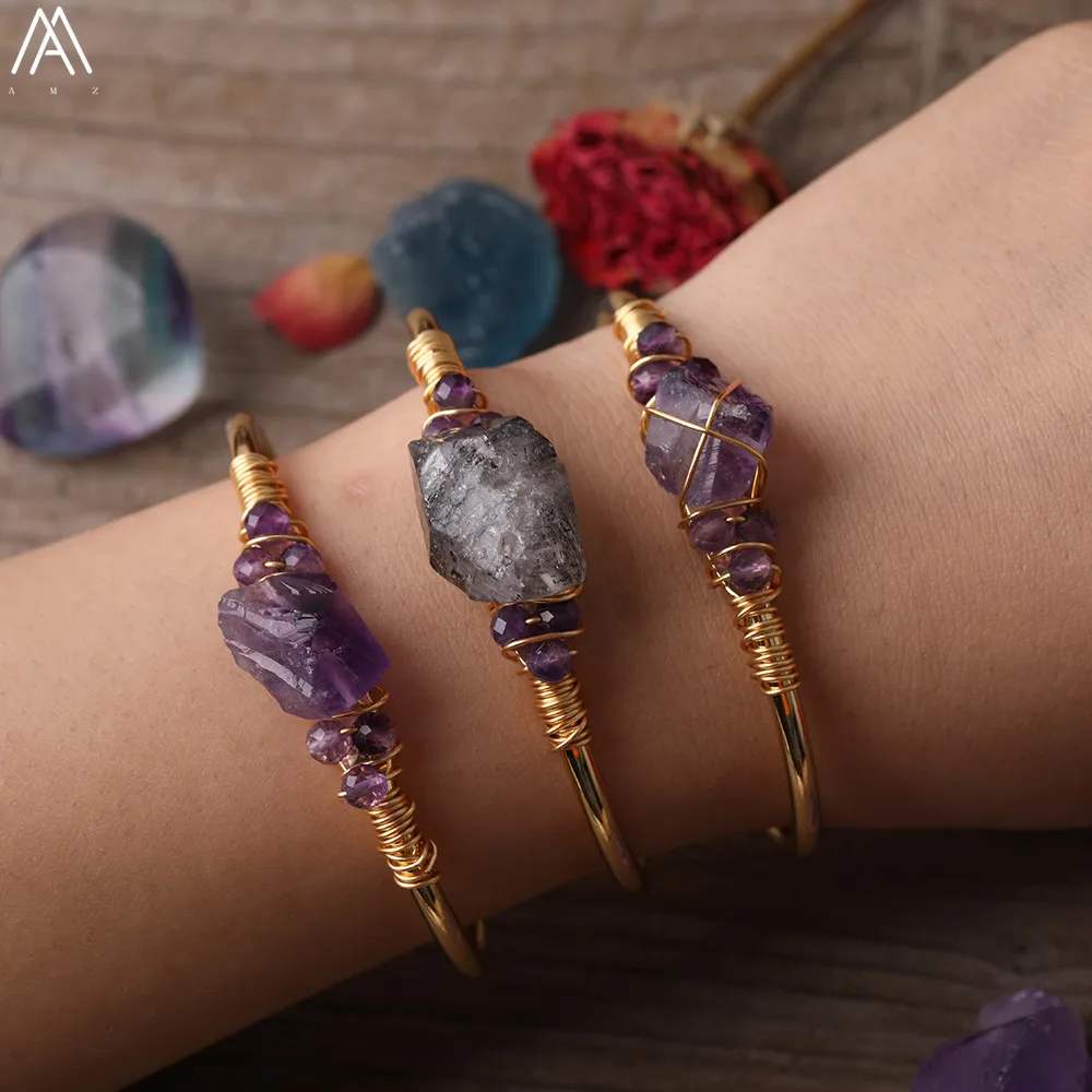 Gold Copper Wire Wrapped Natural Phantom Quartz Amethysts Quartz Chunky Nugget Beads Open Cuff Bangles Women Bracelets Jewelry