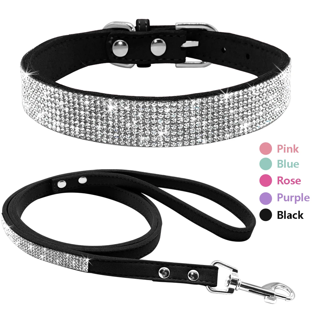 Rhinestone Dog Collar Bling Crystal Cat Dog Collars and Leash Set Pet Walking Leash Leads Adjustable For Small Medium Dogs
