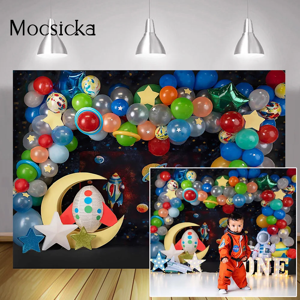Фон для портрета новорожденного маленького астронавта, воздушные шары, настенный торт на день рождения, разбивающийся фон, луна, звезды, космическая галактика, фотосессия