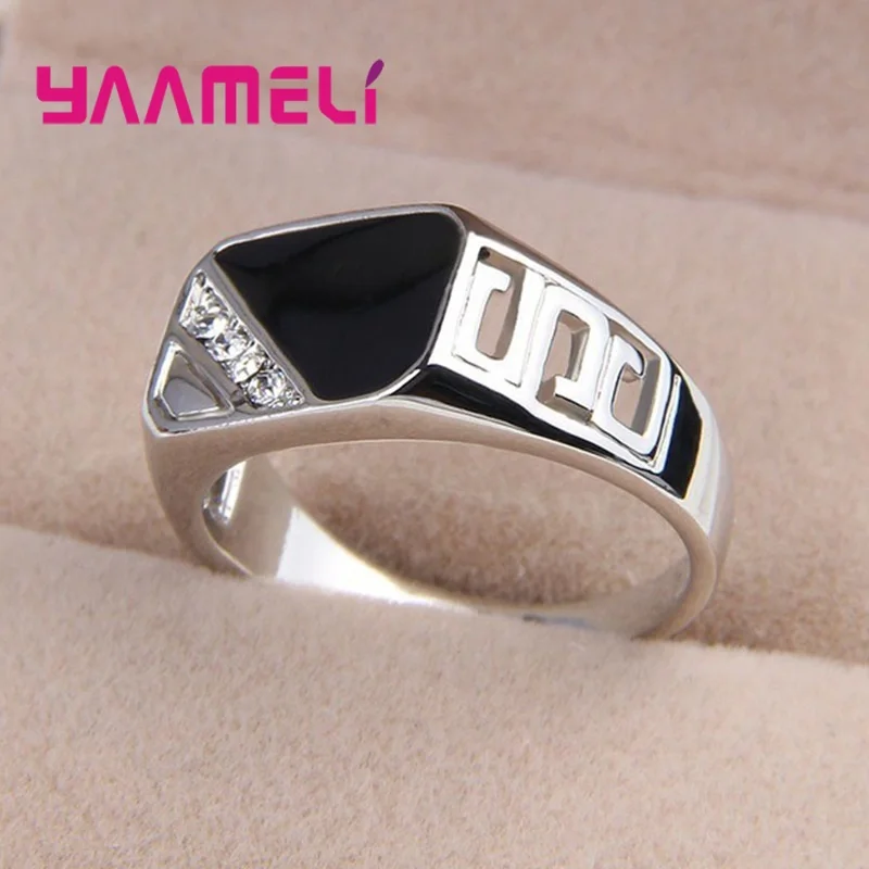 Anillo clásico de banda ancha para hombre, joyería única de Plata de Ley 925 chapada en blanco y negro con diamantes de imitación cuadrados, joyería de Hip Hop