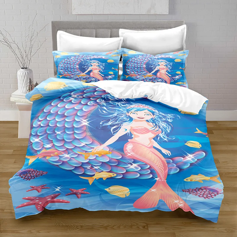 Home Textiles Printed Cartoon Mermaid Bedding Quilt Cover & Pillowcase 2/3PCS US/AE/UE Full Size Queen Bedding Set