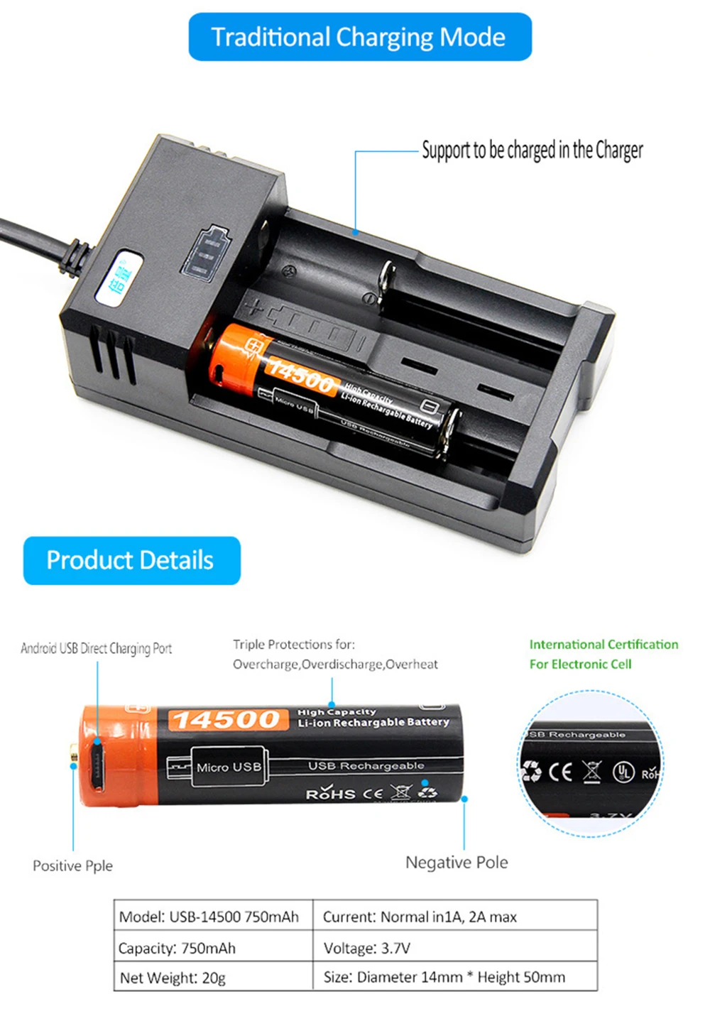 1-6 sztuk USB 14500 3.7V ICR14500 750mAh 3.7v akumulator litowo-jonowy led latarka płasko zakończony bateria 14mm * 50mm