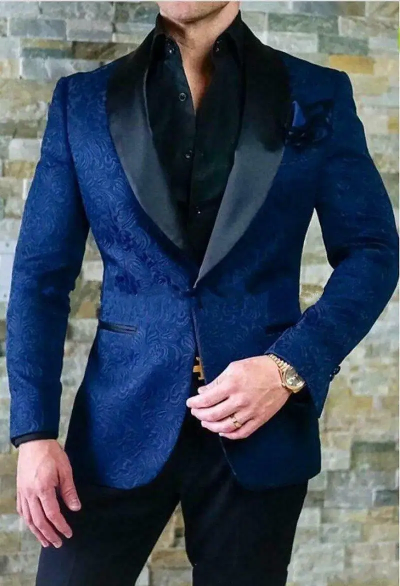 ประกวด Blue Mens ชุดแต่งงาน Jacquard ผ้าคลุมไหล่สีดำ Lapel หนึ่งปุ่ม Grooms Man ที่ดีที่สุด Fit Mens Blazer 2ชิ้นเสื้อแจ็คเก็ตและกางเกง