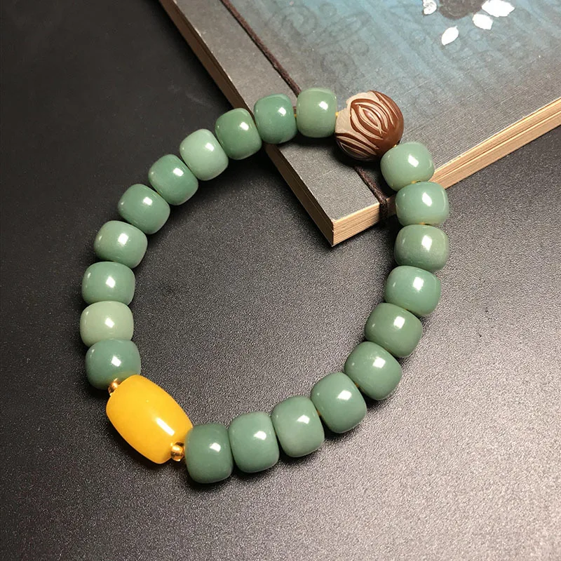 Natural Green Bodhi Seed Beads Bracelet Bangles for Women Men Buddha Charm Bracelet Tibet Prayer Lotus Mala Healing Jewelry