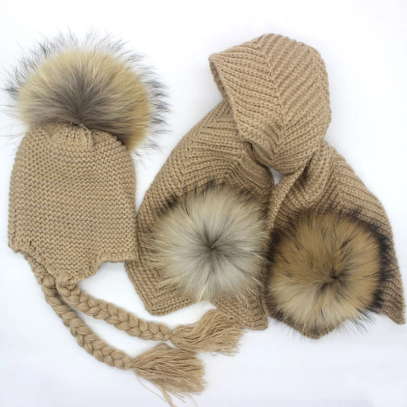 Crianças de malha cachecol chapéu conjunto de luxo inverno quente crochê chapéus e cachecóis com pele real pom beanie chapéu cachecol para meninos e meninas