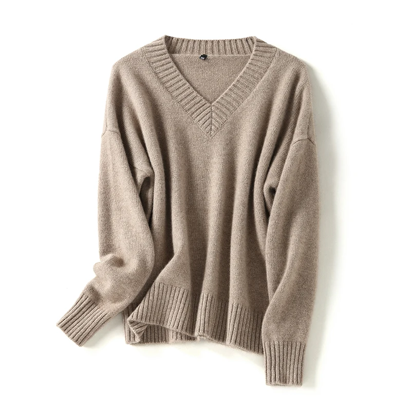 

SHUCHAN 100% Cashmere Sweater Knit Winter Autumn Warm High Quality V-Neck Casual Loose-fitting Winter Tops for Women