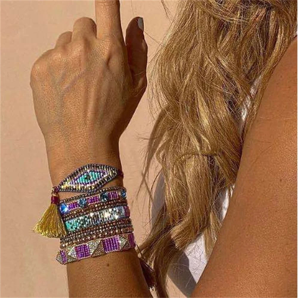 ZHONGVI Multilayer Miyuki Beaded Braided Bracelets Set for Women Shiny Zircon Inlay Woven Adjustable Boho Fashion Jewelry