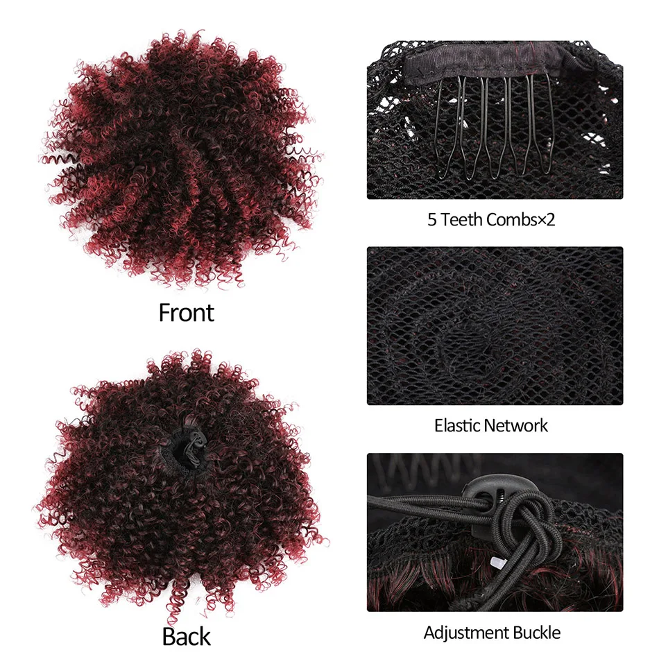 BOL Afro Puff Ponytail Drawstring Synthetic Curly Ombre Burgundy Chignon Hairpiece Wrap Updo Hair Extensions with 2 Clips 8Inch