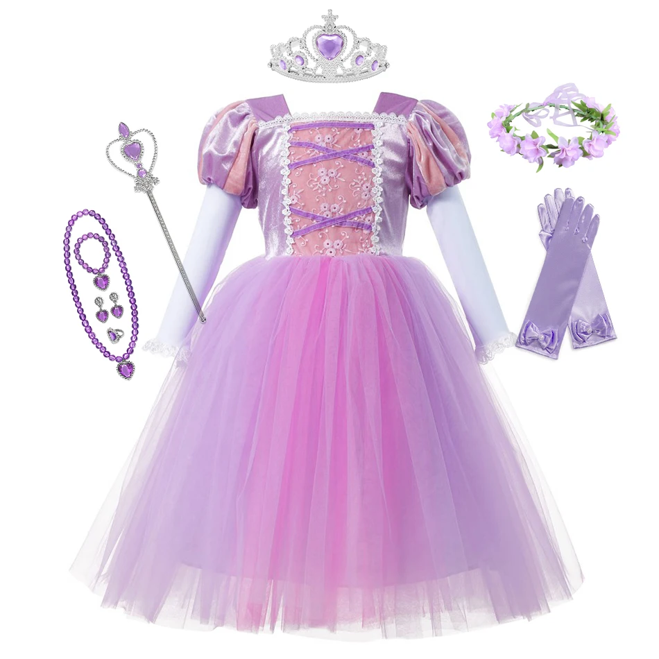 Disney Princess Rapunzel Dress Girls Kids Halloween Cosplay Costume Carnival Party Fancy Clothing Role Play Raiponce Tangled