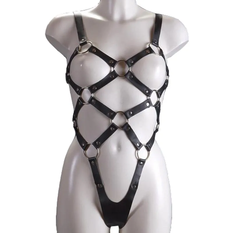 Sexy Women Faux Leather Strap Spider Net Teddy Open Breast Body Harness Thong Leotard Fetish Bodysuit Sexy Lingerie Black