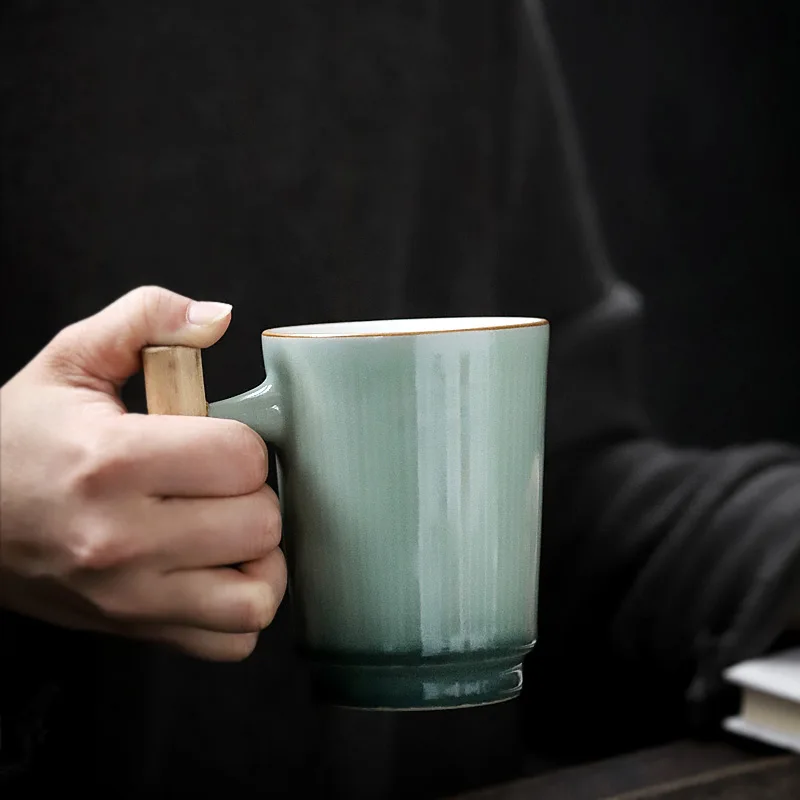 PINNY-tazas de cerámica Cyan Glaze de 320ML, taza de café moderna para oficina, taza de desayuno con mango de madera