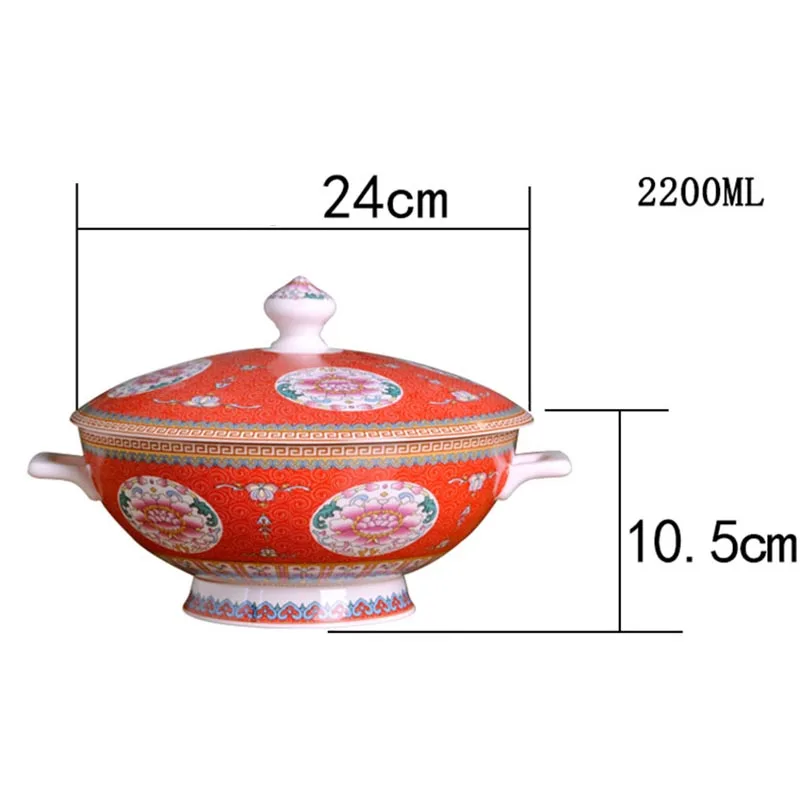 9inch Jingdezhen Ceramic Large Capacity Soup Bowls Vintage Chinese red Soup Pot Household Bone china Tableware Ramen Bowl Spoon