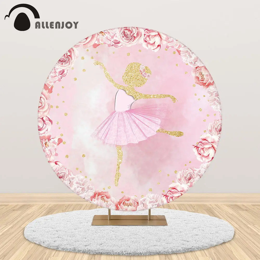 Allenjoy Ballet Girl Round Backdrop Cover Pink Flower Princess Birthday Party Decoration Custom Circle Background Photophone