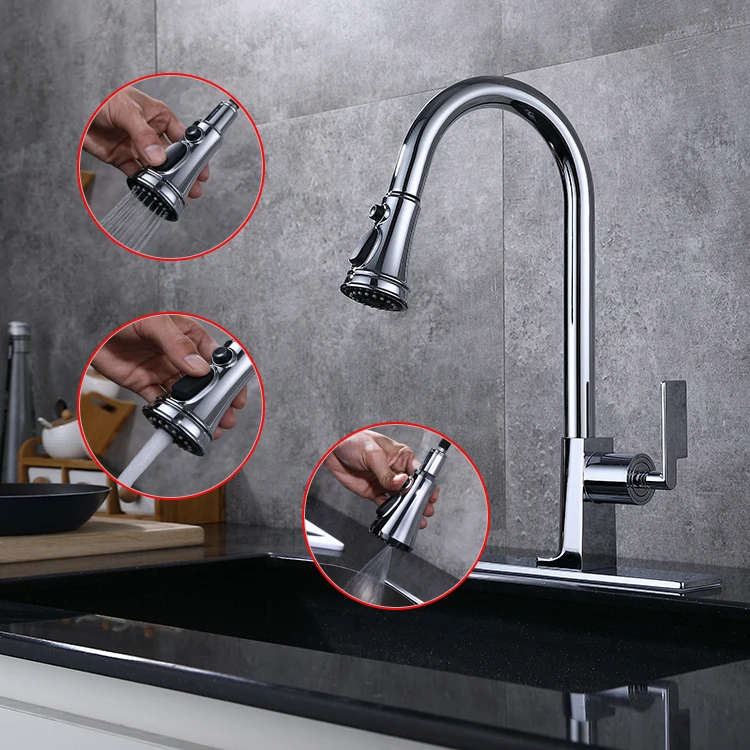 Original design Brass Pull out Kitchen sink faucet with 3 Function spray High Quality Kitchen mixer faucet with cover ,Chrome