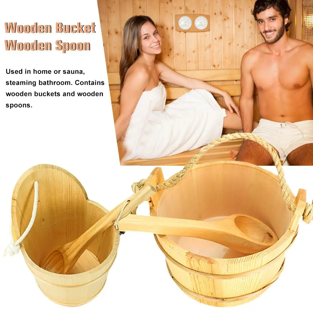 4/5L Sauna Wooden Bucket Pail Ladle With Linner Combined Set Sauna Room Accessory Handmade Bathroom Natural Sauna Barrel Bucket