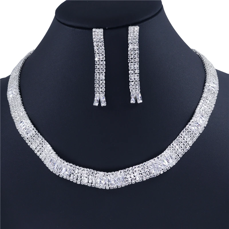 Luxury Bridal Wedding Jewelry Fashion Zircon Shining Crystal Sweet Women's Necklace Earrings Set Wholesale And Retail