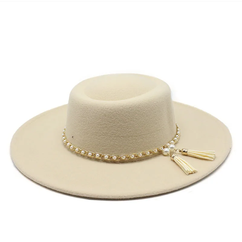 Fedora hat pearl chain series autumn and winter ring flat top fashion men and women felt jazz hat Fedora шляпа женская