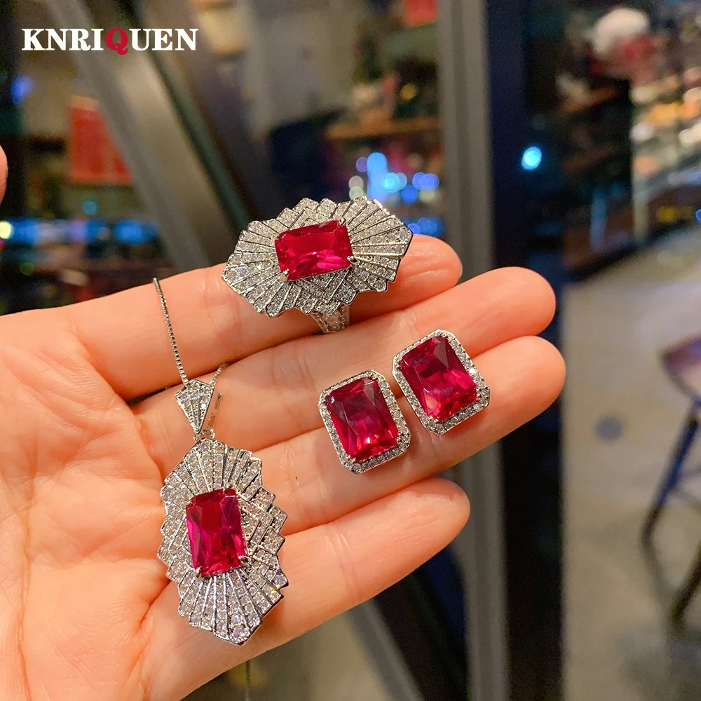 

Vintage Ruby Gemstone High Carbon Diamond Pendant Necklace Stud Earrings Ring Wedding Jewelry Sets for Women Anniversary Gift