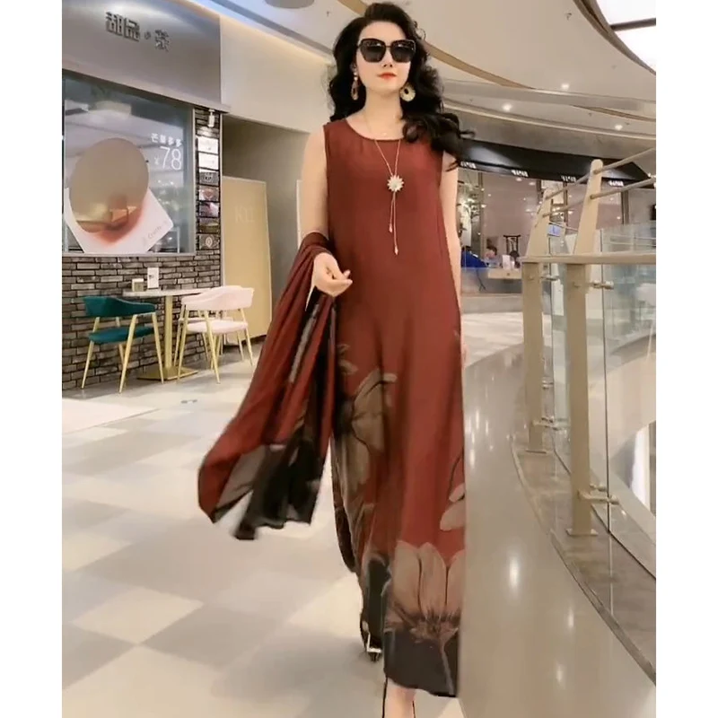 New Spring Summer Suit Dresses Female Fashion Loose Oversize 5XL Printed Tops + Dress Women\'s Short-Sleeved Two-Piece Suit Lady