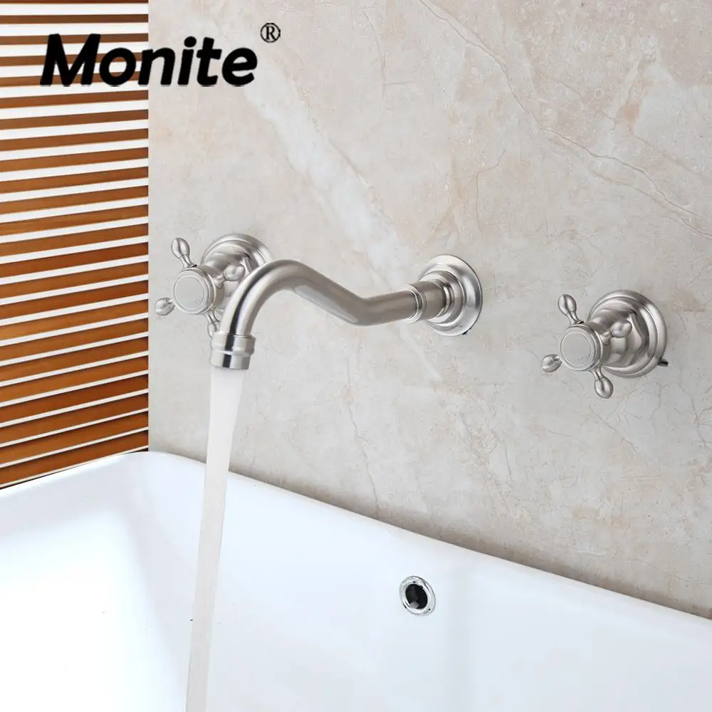 

Monite Antique Brass Bathroom Bathtub Faucet Set 3 pcs 2 Handles Basin Sink Mixer Tap Brushed Nickel Wall Mounted Basin Faucet