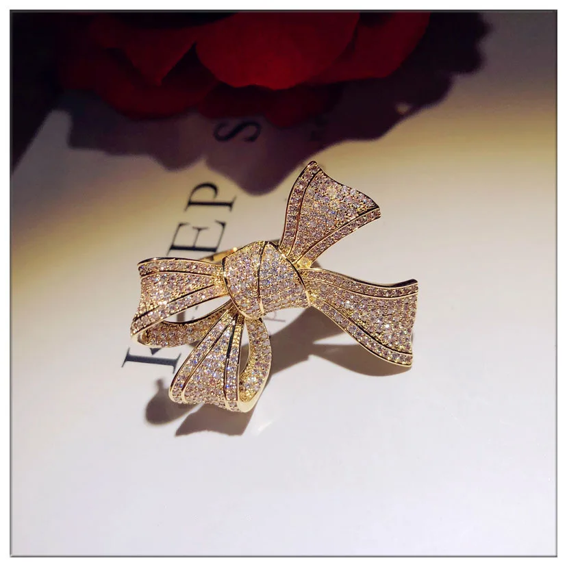 Exquisite Ladies Engagement Bow Fashion Jewelry Big Gold Bow Ring and Biring Zircon Party Jewelry Sterling Silver Ring