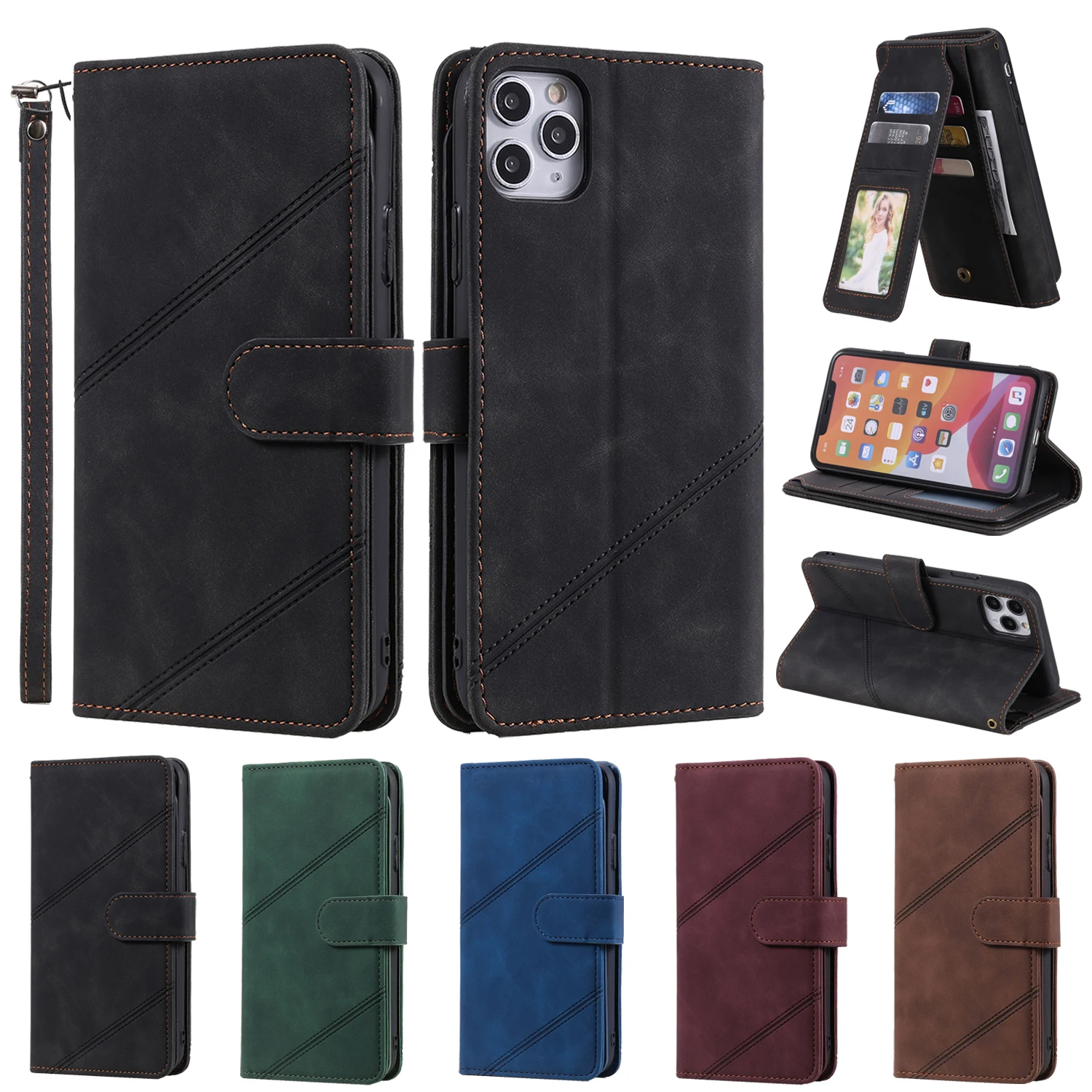 

Leather Flip Case For iPhone13 12 Mini Pro Max 11 XS XR SE2020 7Plus 8Plus 6G 7G 8G 6P Holder 9 Card Slots Stand Bag Soft Wallet