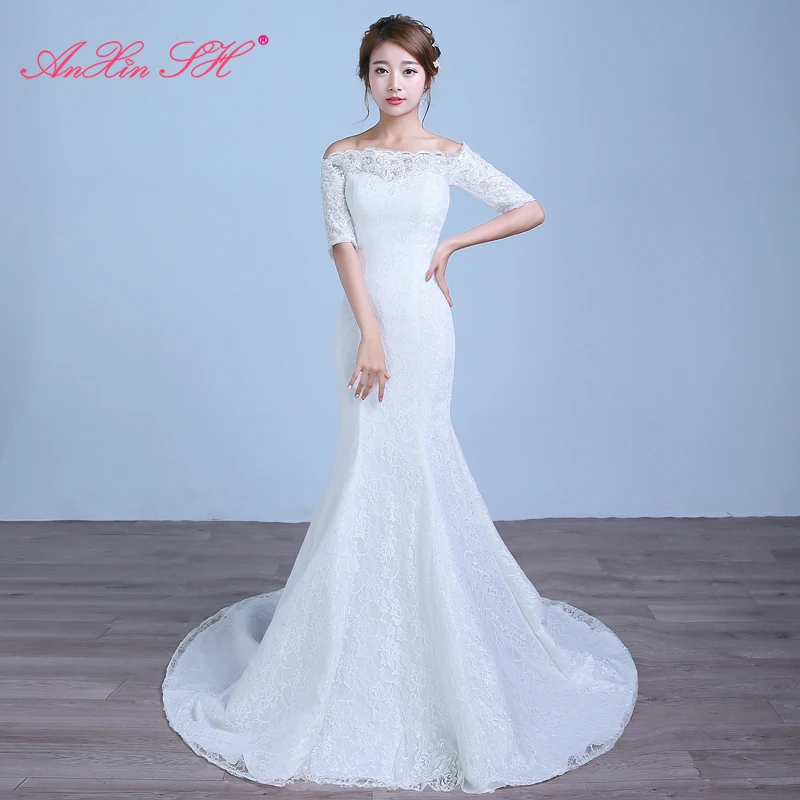 AnXin SH princess white flower mermaid vintage boat neck half sleeve trumpet court train bride customized wedding dress