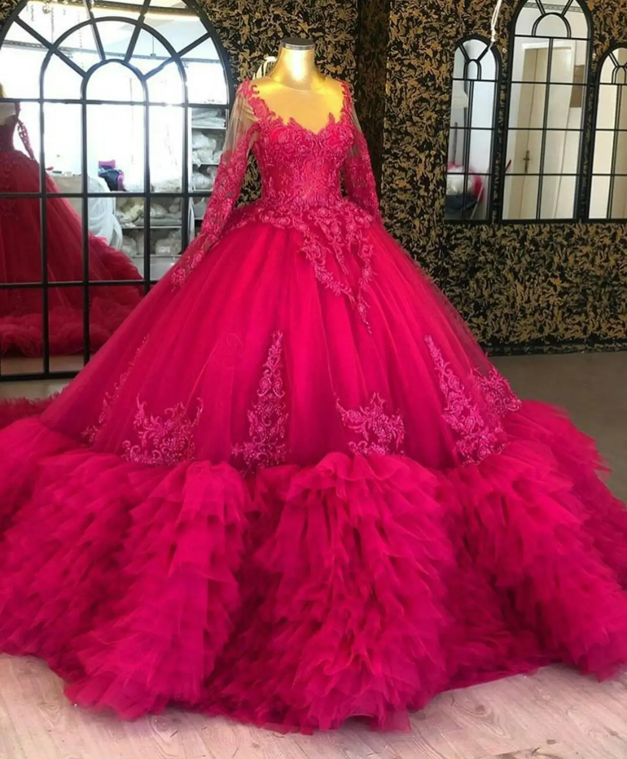 Fuchsia Ball Gown Prom Dresses Sheer O Neck Long Sleeve Lace Appliques Ruffes Tiered Skirts Black Girls Homecoming Evening