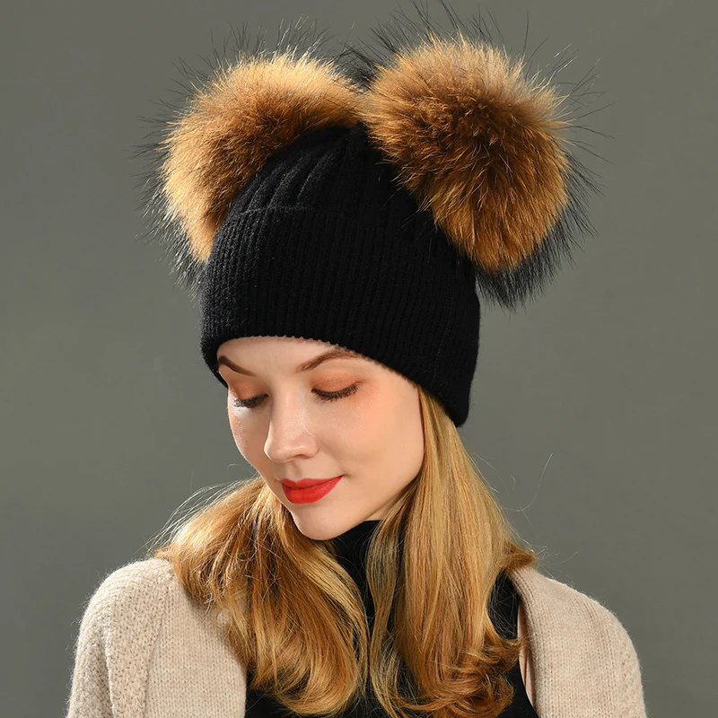 Jxwatcher Women Winter Fashion Fur Pompom Hat for Girls Crochet Beanie Hats for Adults Knitted Wool Double Two Pompom Fur Hat